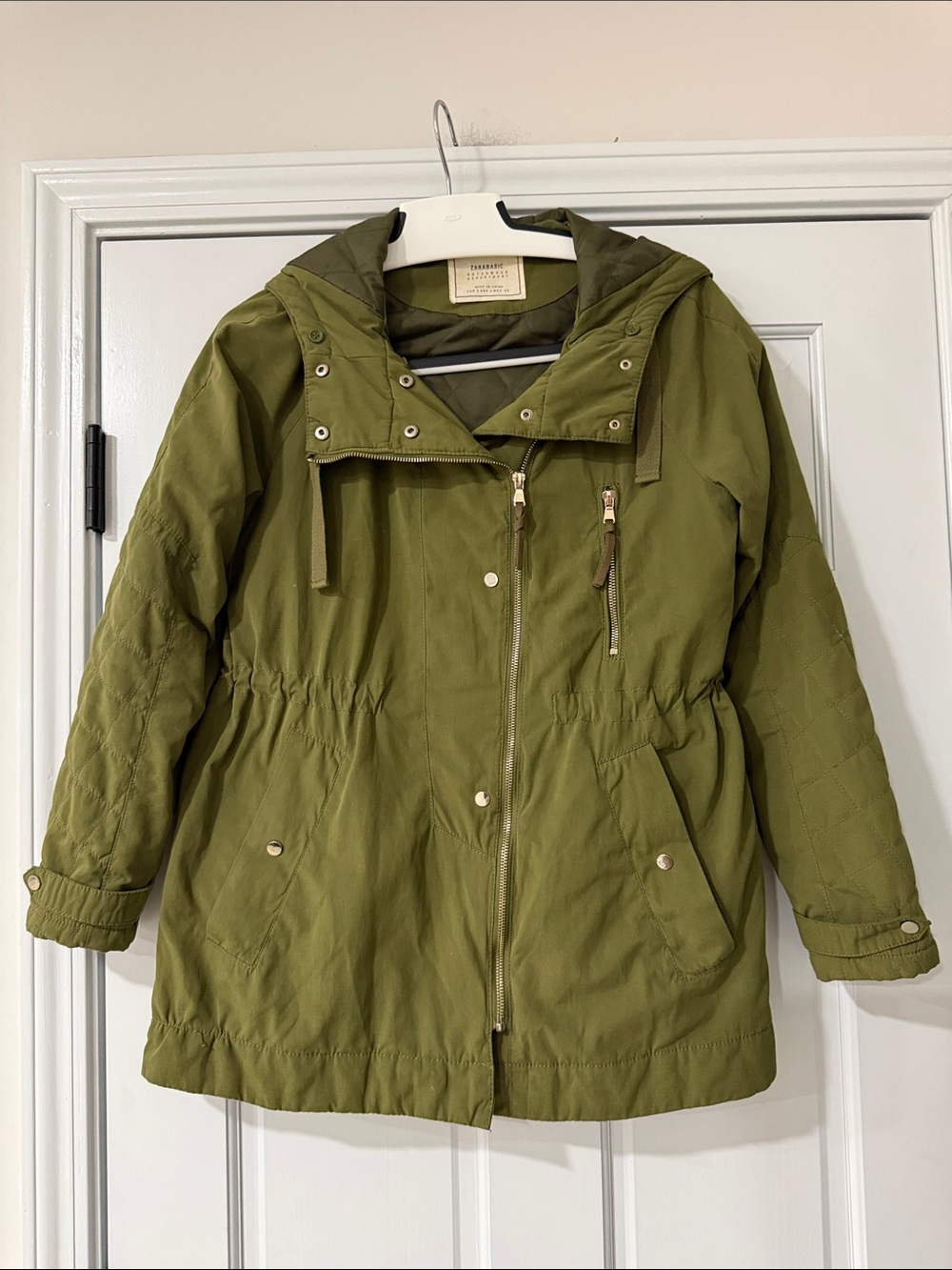 Zara Basic Womens Utility Jacket Size Small Olive Green Cargo Military w/ Hood
